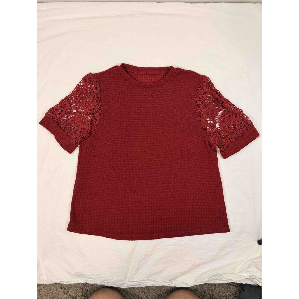 SHEIN Curve Maroon Waffle Knit Top Lace Crochet Short Sleeve Blouse 1XL